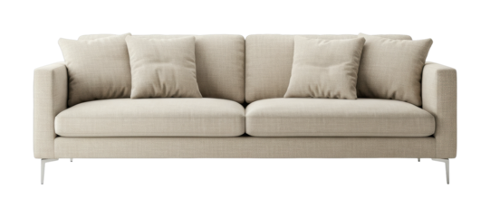Elegant beige sofa with cushions on metal legs for modern living room. Cut out PNG