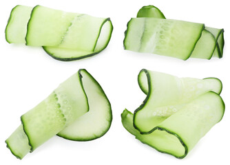 Thin cucumber slices isolated on white, set