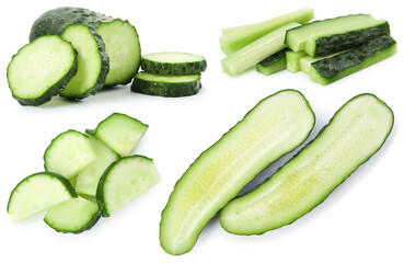 Sliced cucumbers isolated on white, set. Fresh vegetable