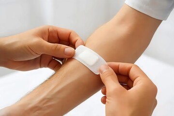 Closeup of a person applying an adhesive bandage to their arm for first aid and protection against infection and disease