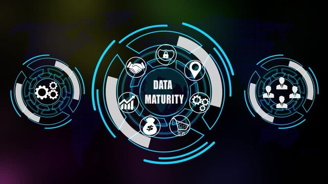 Business, Technology, Internet and network concept. Enterprise resource planning data maturity concept ,Abstract technology symbols on world background.4k animation   video icon.