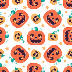 Fototapeta premium Seamless Halloween pattern with cute carved pumpkins on white background. Smiling jack o’ lanterns with stars. Repeating Halloween festive design for wrapping paper, textiles. Vector illustration.