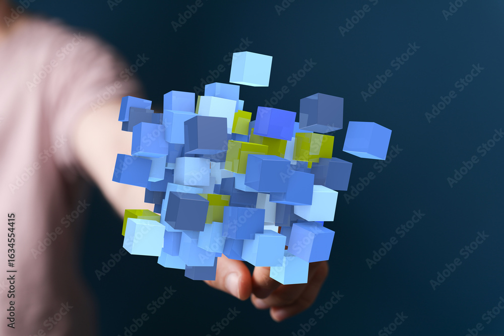 Poster abstract image of data cubes representing digital transformation, innovation, and technology. perfec
