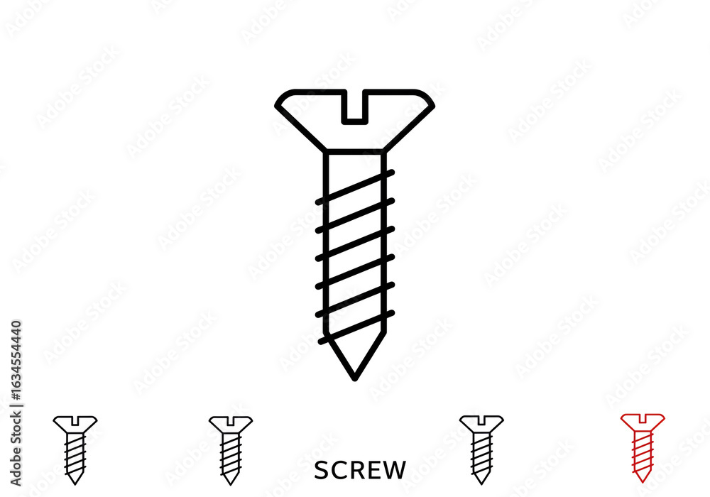 Poster illustration of a screw with a flat head and a sharp point with multiple screw icons below it