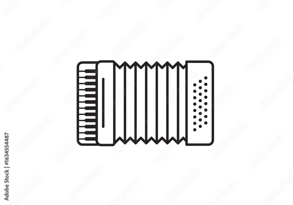 Poster a simple line drawing of an accordion with keys and bellows on a plain white background in vector fo