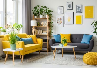 Bright and airy living room interior design featuring a yellow sofa, dark grey couch, and modern furniture, complemented by vibrant decor and plants