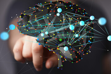 Abstract image of a brain with vibrant network connections, representing AI, innovation, and...