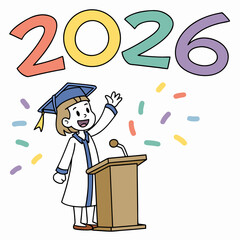 Cartoon illustration of a graduate girl giving a speech for the class of 2026