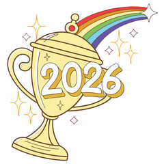 Illustration of a golden trophy with rainbow for year 2026 isolated on white