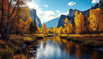 Yosemite Valley with the Merced River reflecting autumn-colored mountains and trees under a partly cloudy blue sky.