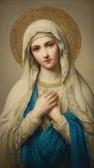 Portrait of Mother Mary,blue and white robe and golden halo,serene expression,gold background