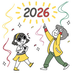 Two happy children celebrating the new year 2026 isolated on white background