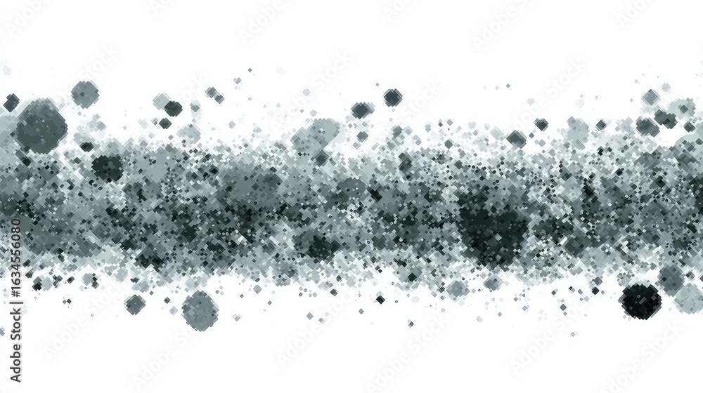 Poster monochromatic digital stream of exploding pixelated squares.