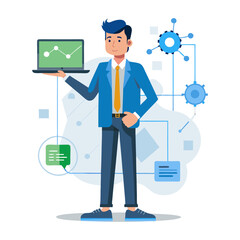 Professional executive presenting innovative technology solution with modern interface graphics for digital business strategy and corporate presentation concept