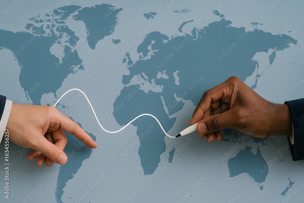 Poster hands connecting with a map, symbolizing global communication and unity