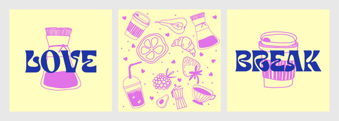 Love Break with Coffee. Cute Y2K Style Square Art for Social Media, Romantic Pink and Blue Illustration with Breakfast Vibes and Modern Aesthetic Elements