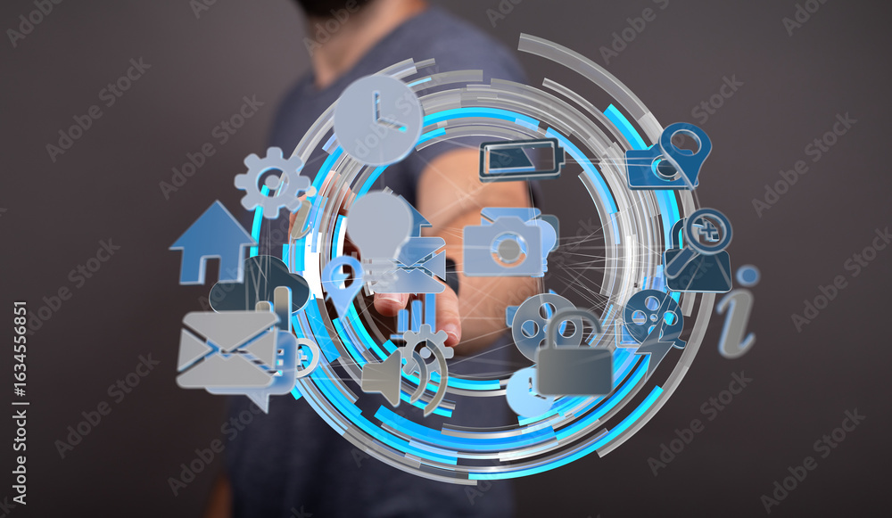 Poster stock photo of a person interacting with a digital interface displaying various application icons.