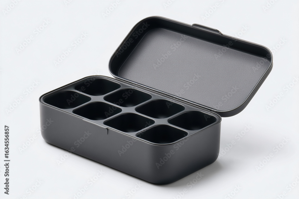 Aufkleber empty dark grey container with lid slightly open and several compartments, clean design, and minimal