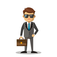 Stylish executive wearing sunglasses and holding briefcase, modern business leader vector illustration in clean minimal corporate art style