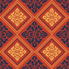 Baroque Pattern Red Gold Design - Traditional Baroque Ornamental Fabric Print Vector - Vintage Baroque Diamond Motif Art for Luxury Interior Design Projects