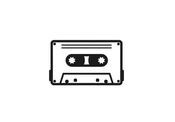 Obraz premium A simple black and white illustration of a cassette tape with visible spools and holes on white