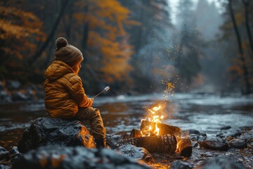 Child enjoys roasting marshmallows by a campfire in the woods during autumn at twilight near a serene river