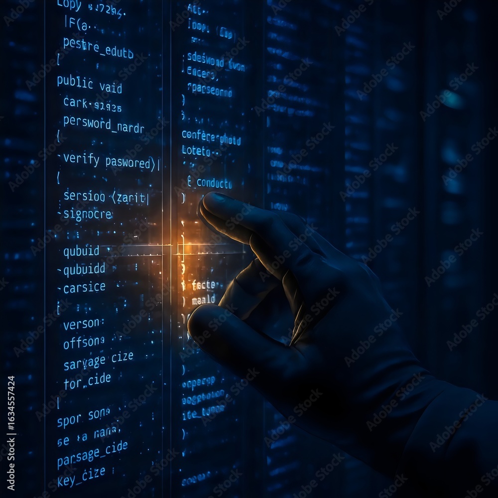 Poster hand touching a screen with abstract digital code, representing cybersecurity, artificial intelligen