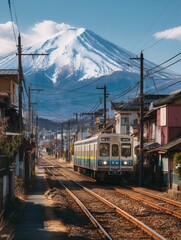 Railway scene with traditional homes and Mount Fuji