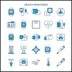 A collection of health monitoring icons, showcasing various medical devices and symbols related to well-being.