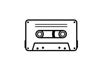 Obraz premium A simple black and white line drawing of a cassette tape with reels and a blank white background