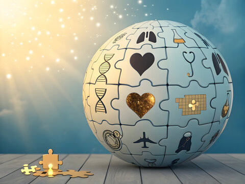 3d globe puzzle with medical and science symbols against a sky background with light rays