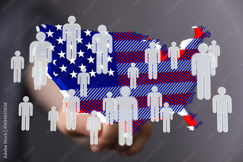 Poster stock photo of a us map overlaid with icons representing the population distribution across the stat