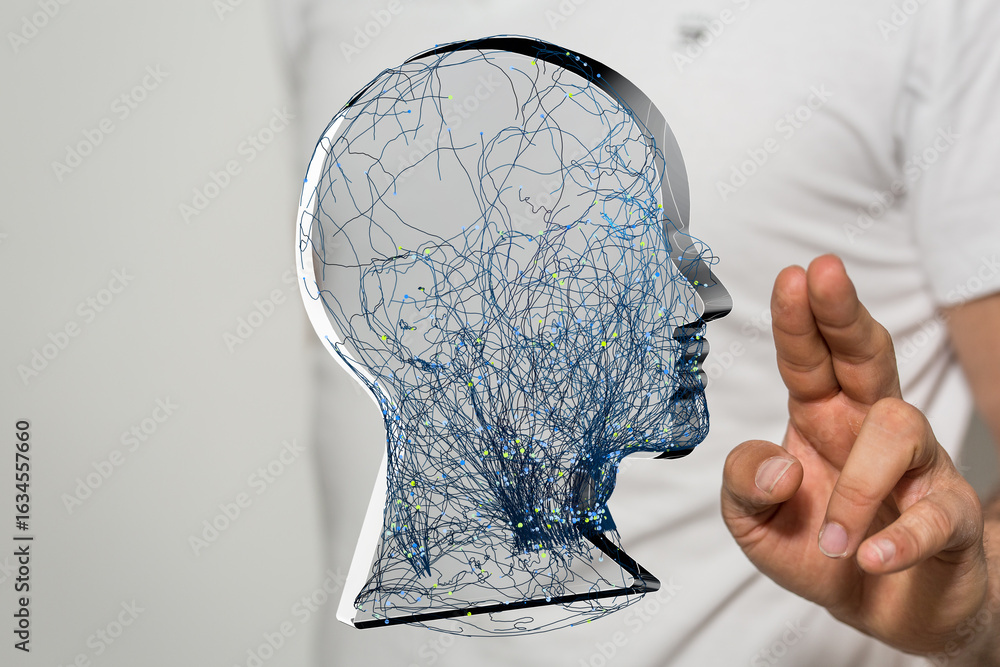 Poster abstract 3d model of a head with complex neural network connections, ai concept.