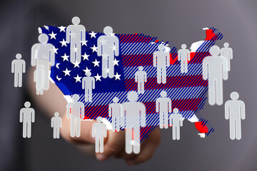 Stock photo of a US map overlaid with icons representing the population distribution across the...