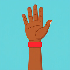 Obraz premium An illustration of a dark-skinned hand raised with an open palm, wearing a red wristband against a blue background.