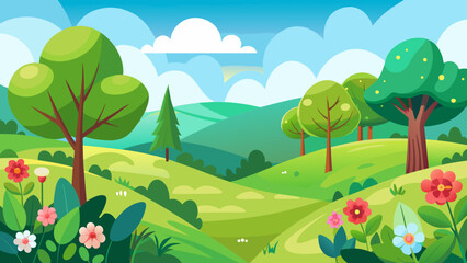 Vector art of charming cartoon countryside scene featuring lush green hills, blooming flowers, and stylized trees under a clear blue sky with clouds