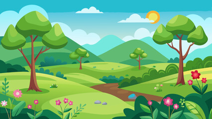 Obraz premium Vector art of idyllic cartoon landscape with gentle slopes, a winding path, vibrant trees, and blooming flowers under a sunny sky with scattered clouds