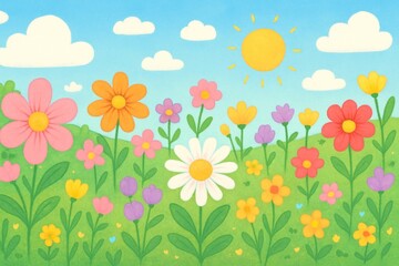 Obraz premium Colorful flowers under sunny sky.