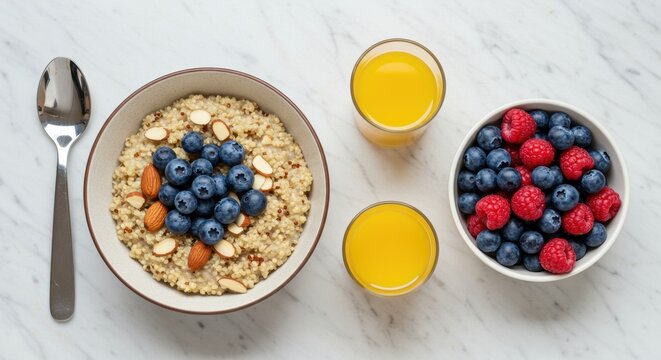 Nutritious quinoa bowl with blueberries and almonds alongside fresh berries and vibrant orange juice for a wholesome start