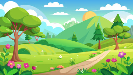 Fototapeta premium Vector art of charming cartoon depiction of a sunlit landscape with lush green hills, a winding pathway, and vibrant wildflowers, evoking a sense of tranquility
