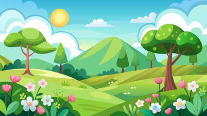 Vector art of vibrant cartoon landscape with rolling green hills, blooming flowers, and a bright sun under a blue sky with fluffy clouds, evoking a sense of spring or summer