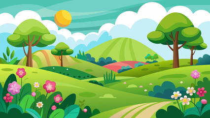 Fototapeta premium Vector art of charming cartoon countryside scene with gentle hills, trees, colorful flowers, and a winding path under a sunny sky with clouds, perfect for a spring or summer theme