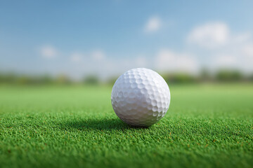 Obraz premium Golf ball resting on a lush, green golf course with a clear blue sky in the background, inviting players to tee off and enjoy a round.