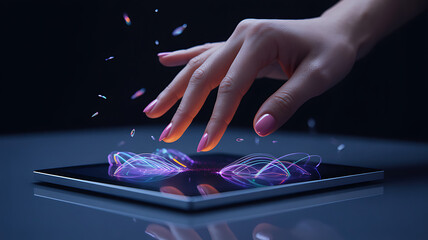 Hand touching digital tablet with glowing sparkles

