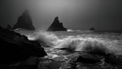 Dark, stormy sea, jagged rocks, misty coast
