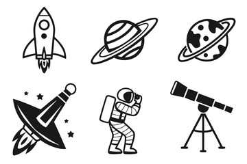 Space Exploration Icons Rocket Planets Astronaut Telescope.