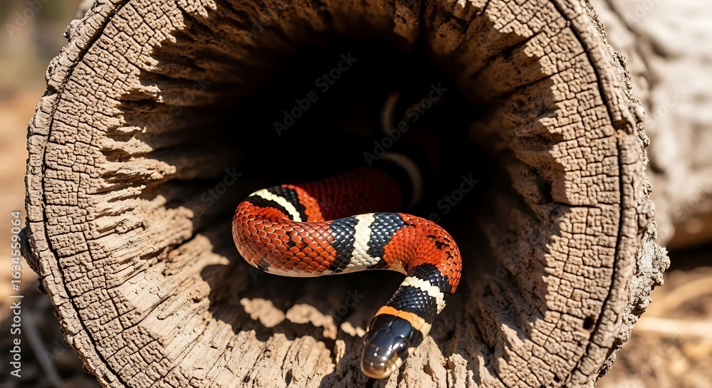 Poster red and black patterned snake nestled in a tree trunk.