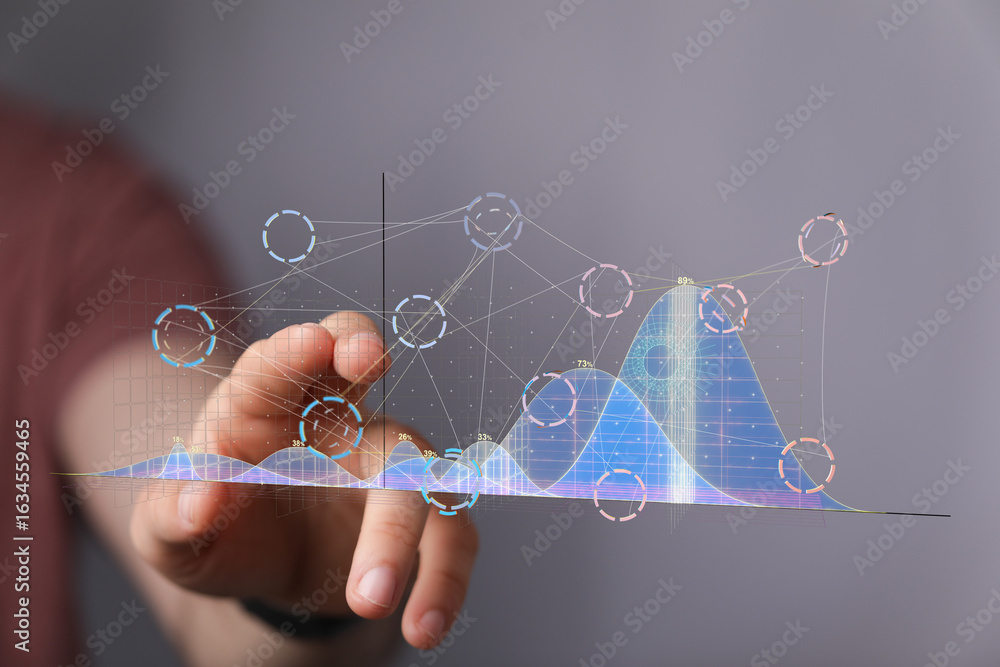 Poster stock photo of a hand interacting with a digital graph showing business analytics and growth trends.