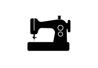 A black silhouette of a sewing machine with a needle and two white circles on a white background