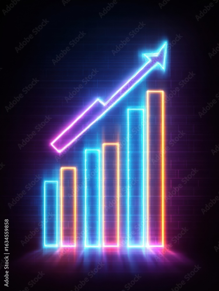 Poster neon style graphic representing growth with ascending bars and an upward arrow in a dark setting